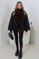 GRACIE BLACK TIE WAIST FUR COLLAR JACKET
