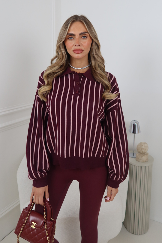 LEO BURGUNDY STRIPE COLLARED JUMPER