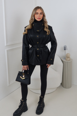 THEA BLACK FAUX LEATHER TIE WAIST JACKET WITH GOLD BUTTONS