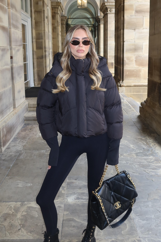 ROSA BLACK QUILTED CROP HOODED PUFFER JACKET