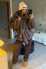 MARKIE TAUPE BELTED FAUX FUR HOODED COAT
