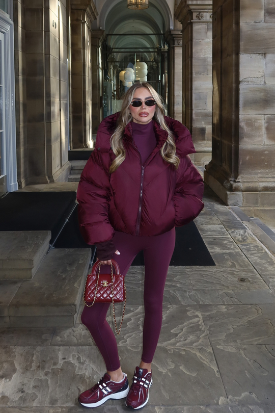 MIA BURGUNDY CROPPED PUFFER JACKET WITH DETACHABLE HOOD