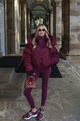 MIA BURGUNDY CROPPED PUFFER JACKET WITH DETACHABLE HOOD