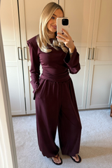 HONEY BURGUNDY SHOULDER PADDED CINCH WAIST TOP AND BALLOON TROUSER CO ORD
