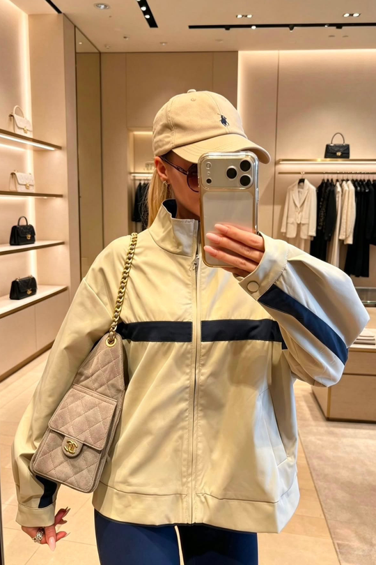 DENVA BEIGE AND NAVY ZIP UP TRACK JACKET