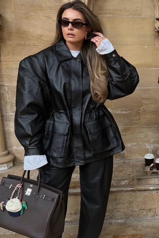 CARRIE BLACK LEATHER OVERSIZED COLLARED JACKET