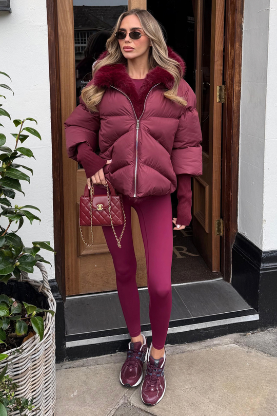 Verity burgundy hooded puffer coat with faux fur trim