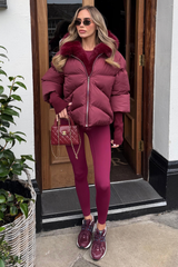 Verity burgundy hooded puffer coat with faux fur trim