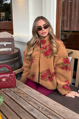 ALANA CAMEL ZIP UP FLEECE WITH BURGUNDY DETAILING