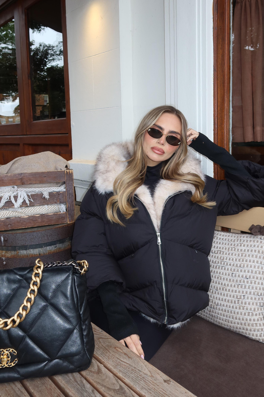 VERITY LIGHT FUR BLACK FUR COLLAR HOODED PUFFER COAT