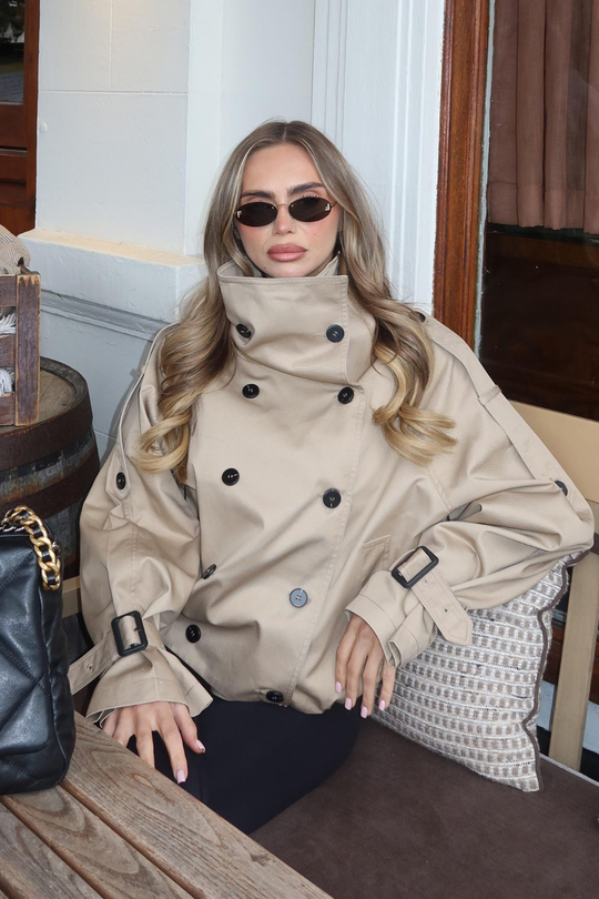 EMILIA BEIGE HIGH NECK BUTTON UP SHORT TRENCH JACKET