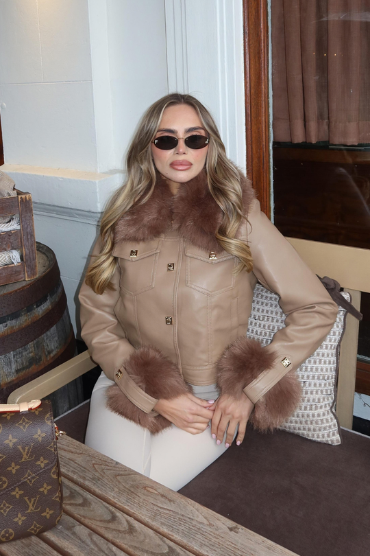 ZARIA MOCHA FAUX LEATHER JACKET WITH FUR COLLAR AND CUFFS