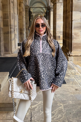 BETHAN BLACK DEER PRINT 3/4 ZIP CONTRAST TRIM FLEECE