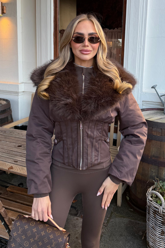 GEMIMA CHOCOLATE FAUX FUR HOOD CORSET CINCHED WAIST COAT