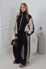 PIA BLACK CONTRAST ZIP UP JACKET AND WIDE LEG JOGGER CO ORD