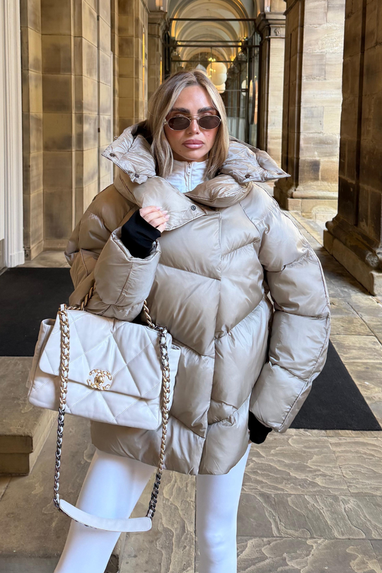 CARMILLA TAUPE HIGH COLLAR SHINE FINISH HOODED PUFFER COAT
