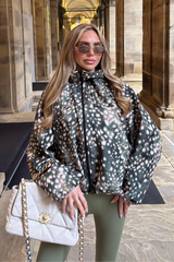ARIA KHAKI DEER PRINT ZIP UP HOODED JACKET