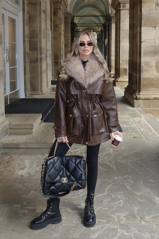 MAPLE CHOCOLATE LEATHER JACKET WITH FUR COLLAR AND ADJUSTABLE WAIST