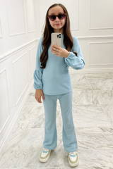 Mini Rommie Blue Knitted Puff Sleeve Loungewear Set Loungewear