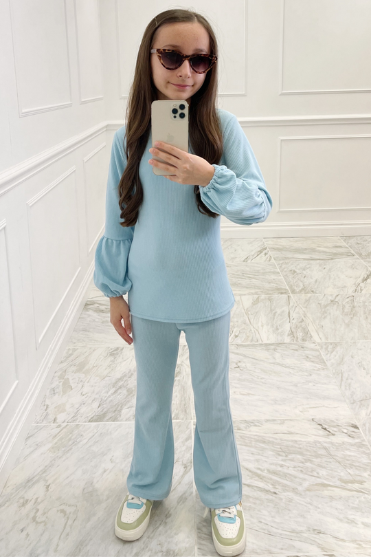 Mini Rommie blue knitted puff sleeve loungewear set