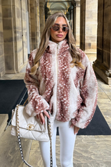 BECKI BEIGE DEER PRINT ZIP UP HOODED JACKET