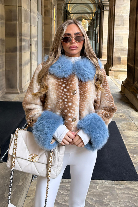 FLORENCE FLUFFY DEER PRINT JACKET WITH BLUE FUR COLLAR AND CUFFS