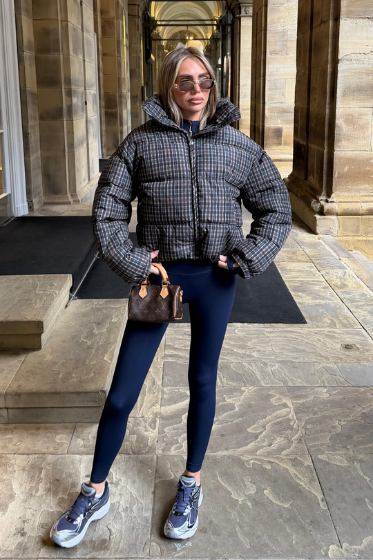 RAINA BLUE AND BROWN CHECK PUFFER JACKET