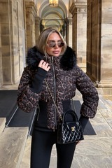 SORA LEOPARD CINCHED WAIST FAUX FUR HOOD CROPPED COAT