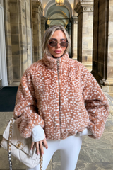 DELIA CAMEL WHITE BAMBI PRINT ZIP UP FUR JACKET
