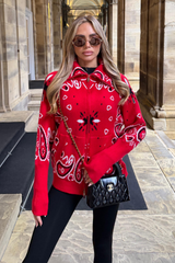 HANNA RED PAISLEY PRINT FULL ZIP CARDIGAN