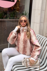 INDIE BEIGE PINK CONTRAST ZIP UP DEER PRINT FLEECE