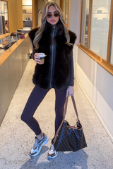 BRIONY CHOCOLATE FUR ZIP UP GILET WITH LEATHER PANEL