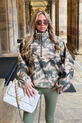 CHLOE KHAKI FOREST PRINT 3/4 ZIP FLEECE