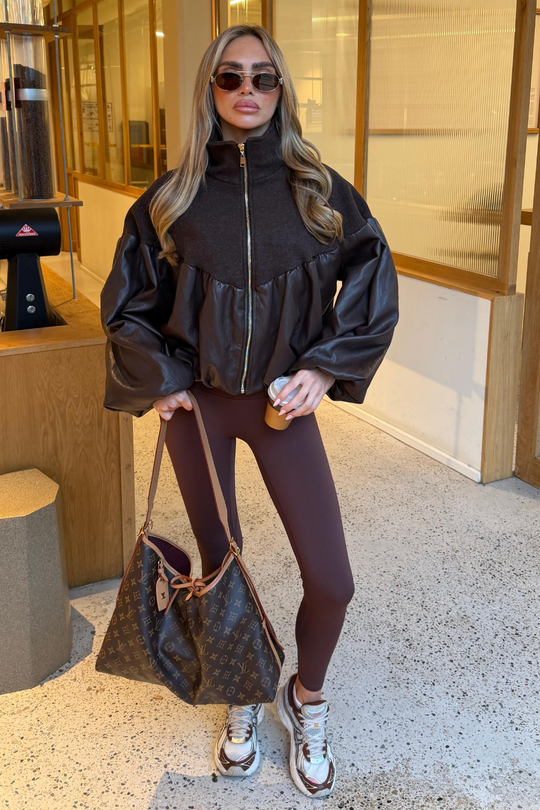 HAYLEY CHOCOLATE WOOL LEATHER CONTRAST ZIP UP PUFF JACKET