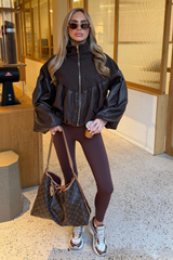 HAYLEY CHOCOLATE WOOL LEATHER CONTRAST ZIP UP PUFF JACKET