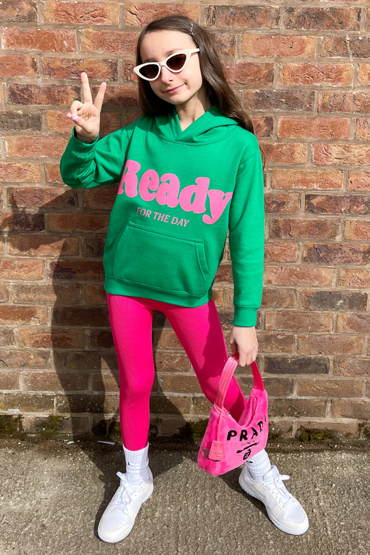 Mini ready for the day green printed kids hoodie