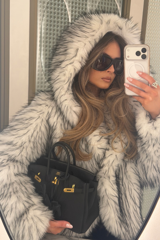 ARIELLE WHITE & BLACK SPECKLED HOODED FUR COAT