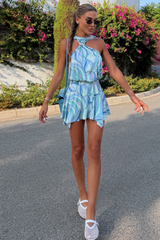 HATTIE BLUE SWIRL PATTERN STRETCH HALTER DRESS