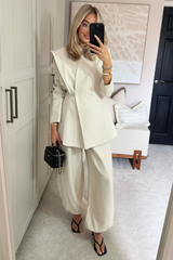 EMMA CREAM SHOULDER PADDED CINCHED WAISTED BLAZER