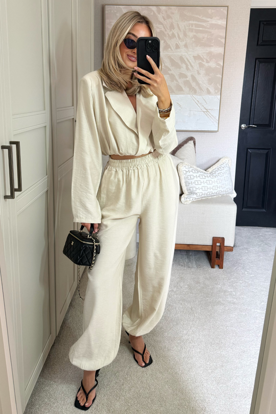 MACY BEIGE CROP BLAZER AND BALLOON TROUSER LINEN BLEND TWO PIECE SET