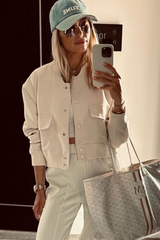 Fallon cream cropped long sleeve bomber jacket