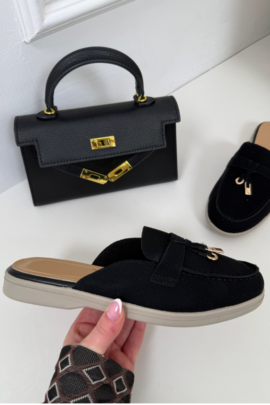 AMELIA BLACK FAUX SUEDE GOLD TASSLE MULE