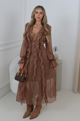 LEANORA CHOCOLATE RUFFLE MAXI DRESS
