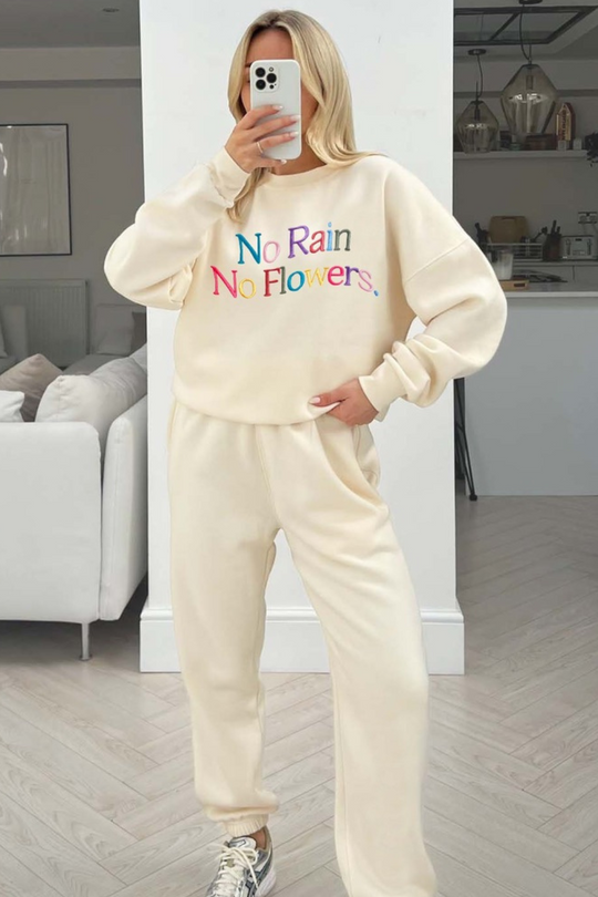No Rain no flowers ecru embroidered sweater jogger premium loungewear set