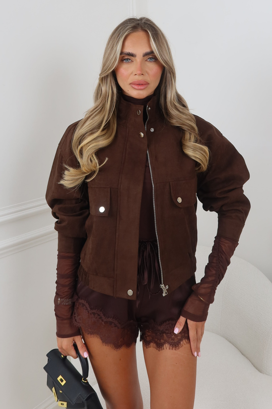 ANTONIA CHOCOLATE FAUX SUEDE HIGH COLLAR JACKET