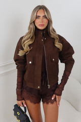 ANTONIA CHOCOLATE FAUX SUEDE HIGH COLLAR JACKET