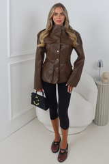 MACY CHOCOLATE LEATHER FITTED HIGH NECK JACKET