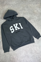Ski resort steel grey embroidered applique relaxed hoodie