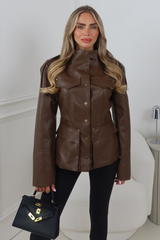 MACY CHOCOLATE LEATHER FITTED HIGH NECK JACKET
