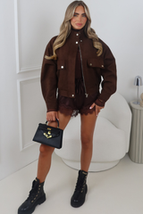 ANTONIA CHOCOLATE FAUX SUEDE HIGH COLLAR JACKET